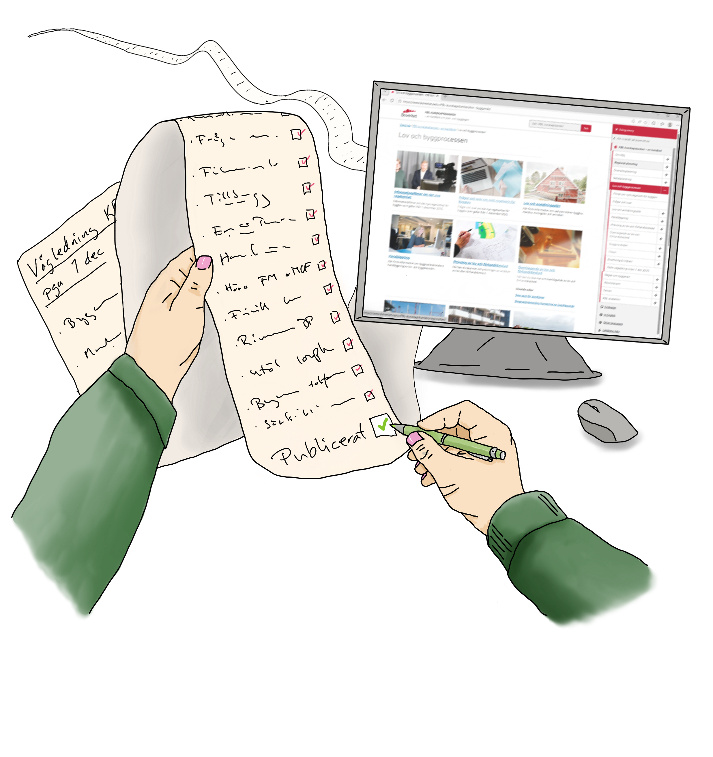 En lista med färdiga vägledningstexter bockas av, i bakgrunden en datorskärm med bygglovsvägledningen på PBL kunskapsbanken.