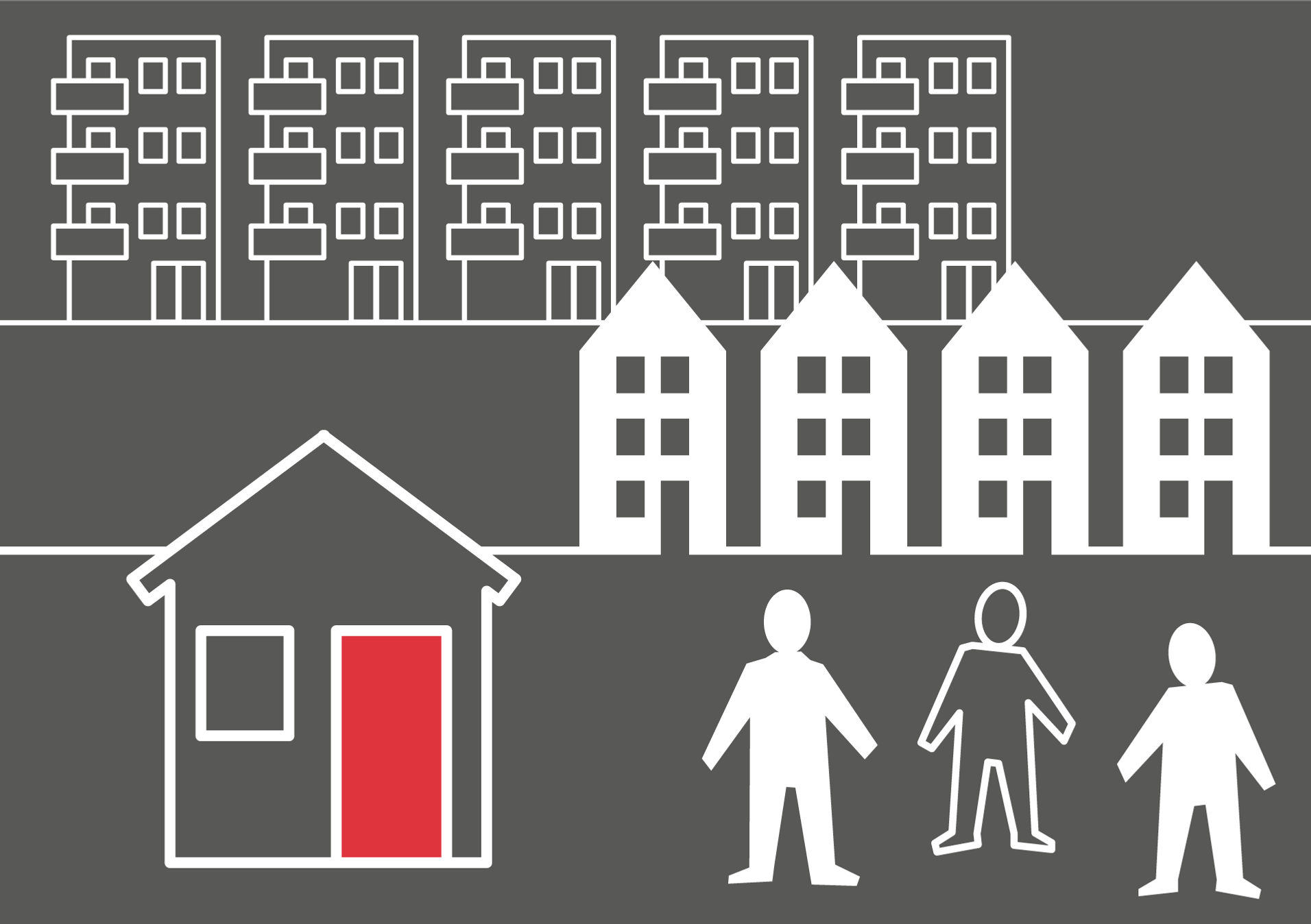 Illustration på olika sorters bostadshus och några personer framför. 