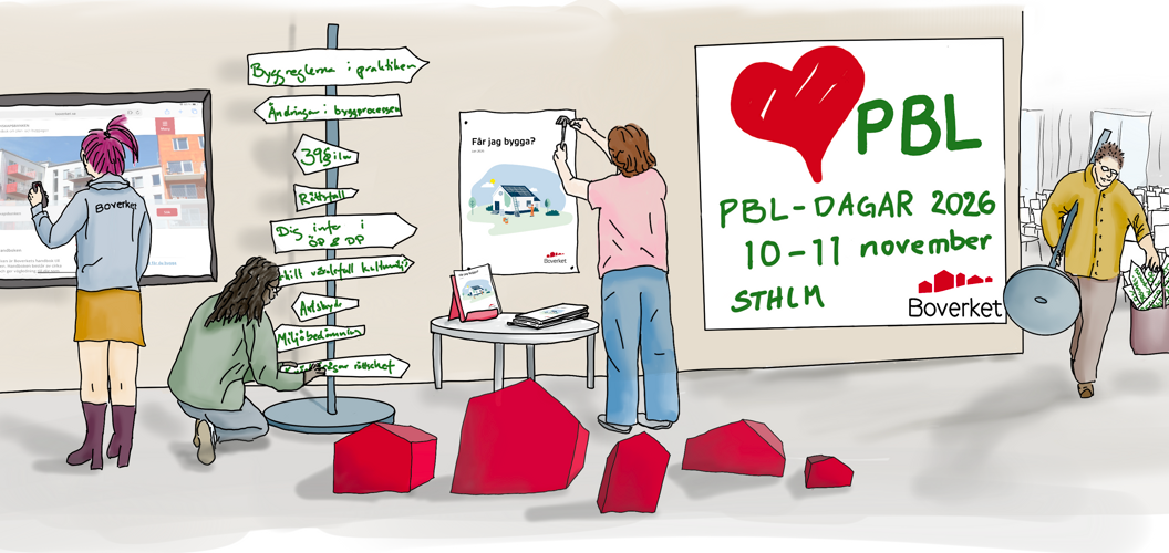 En grupp människor som står framför en skylt med texten PBL-dagar 2026 10-11 november Sthlm