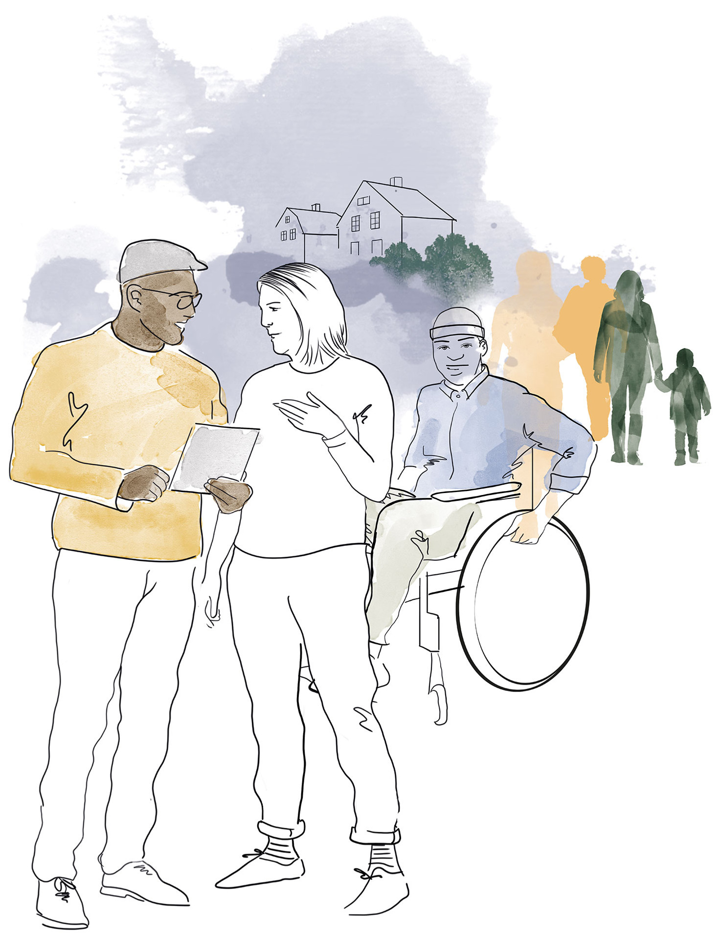 Två personer står och pratar utifrån ett frågeformulär. I bakgrunden en man i rullstol, fler personer och några hus. 