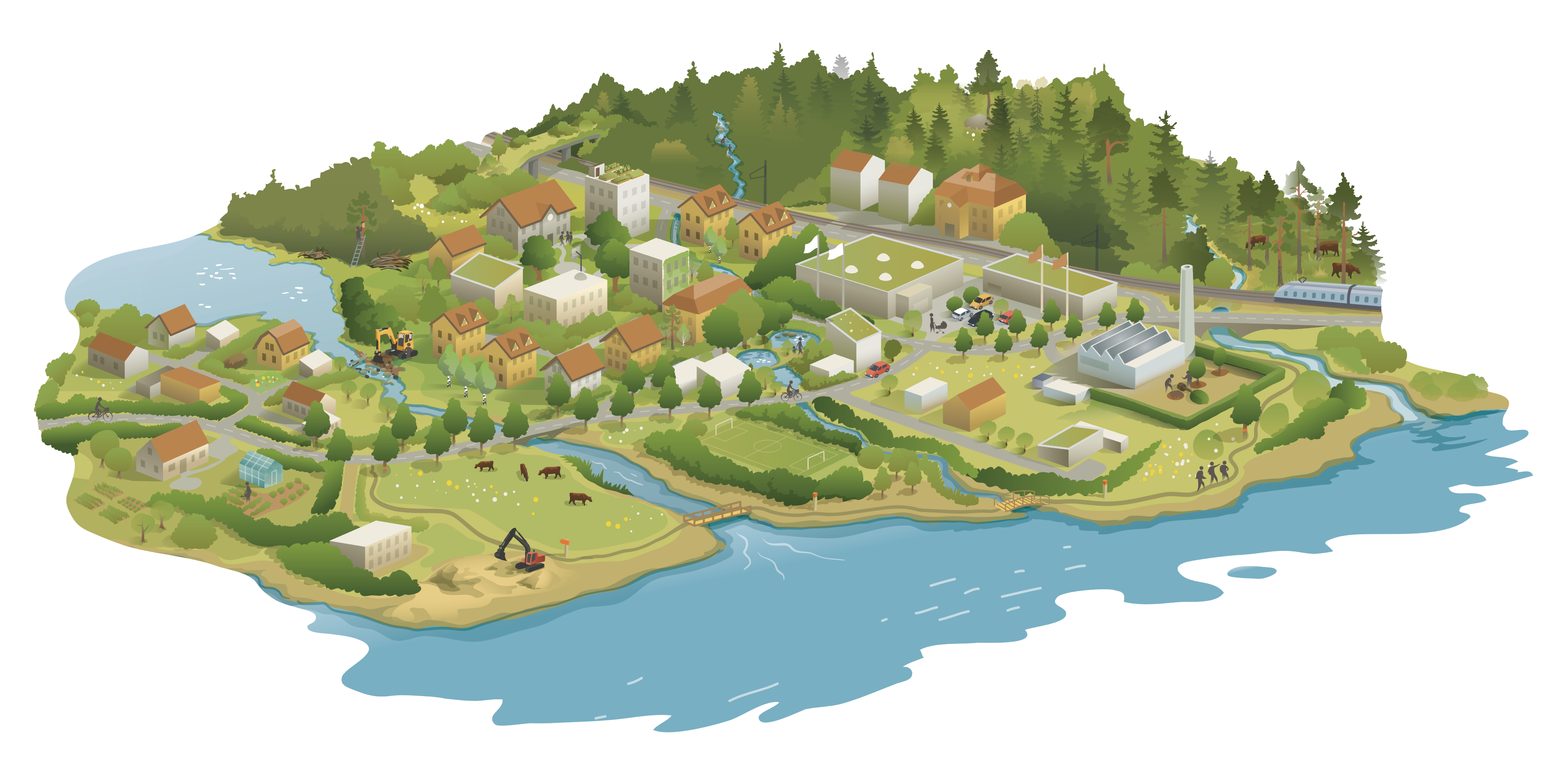 Illustration av ett samhälle vid havet