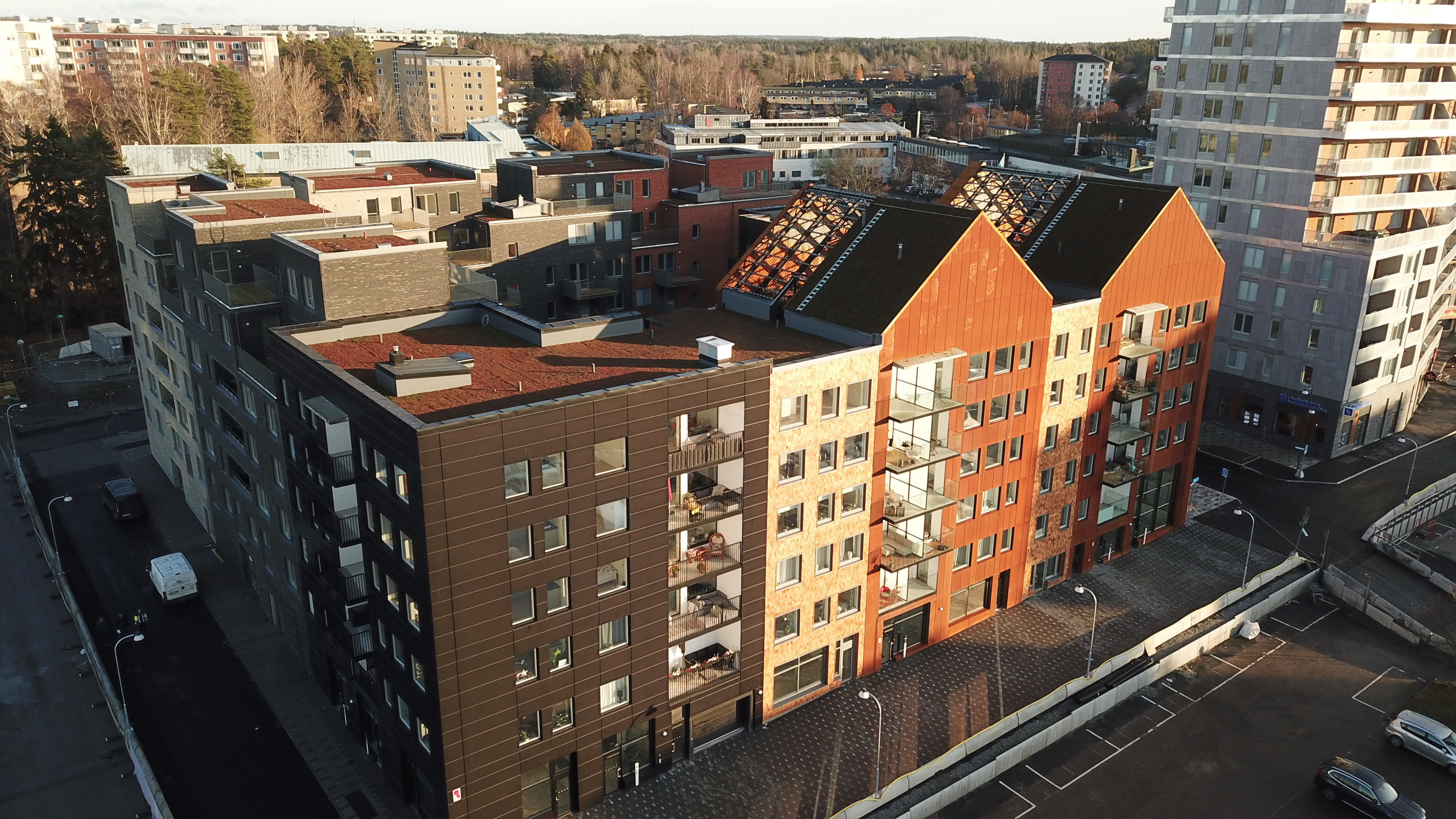 Flygfoto över ett kvarter i Tyresö.