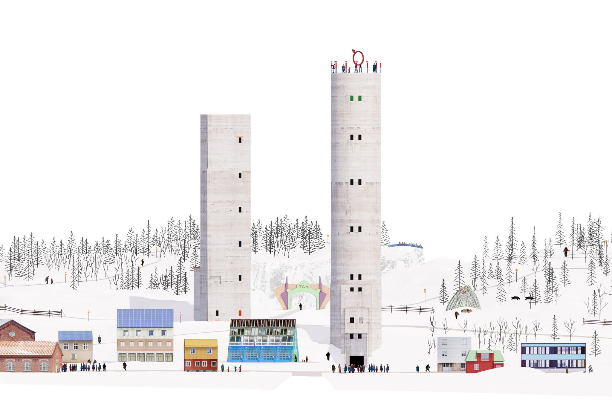 Skiss som visar höghus och mindre byggnader