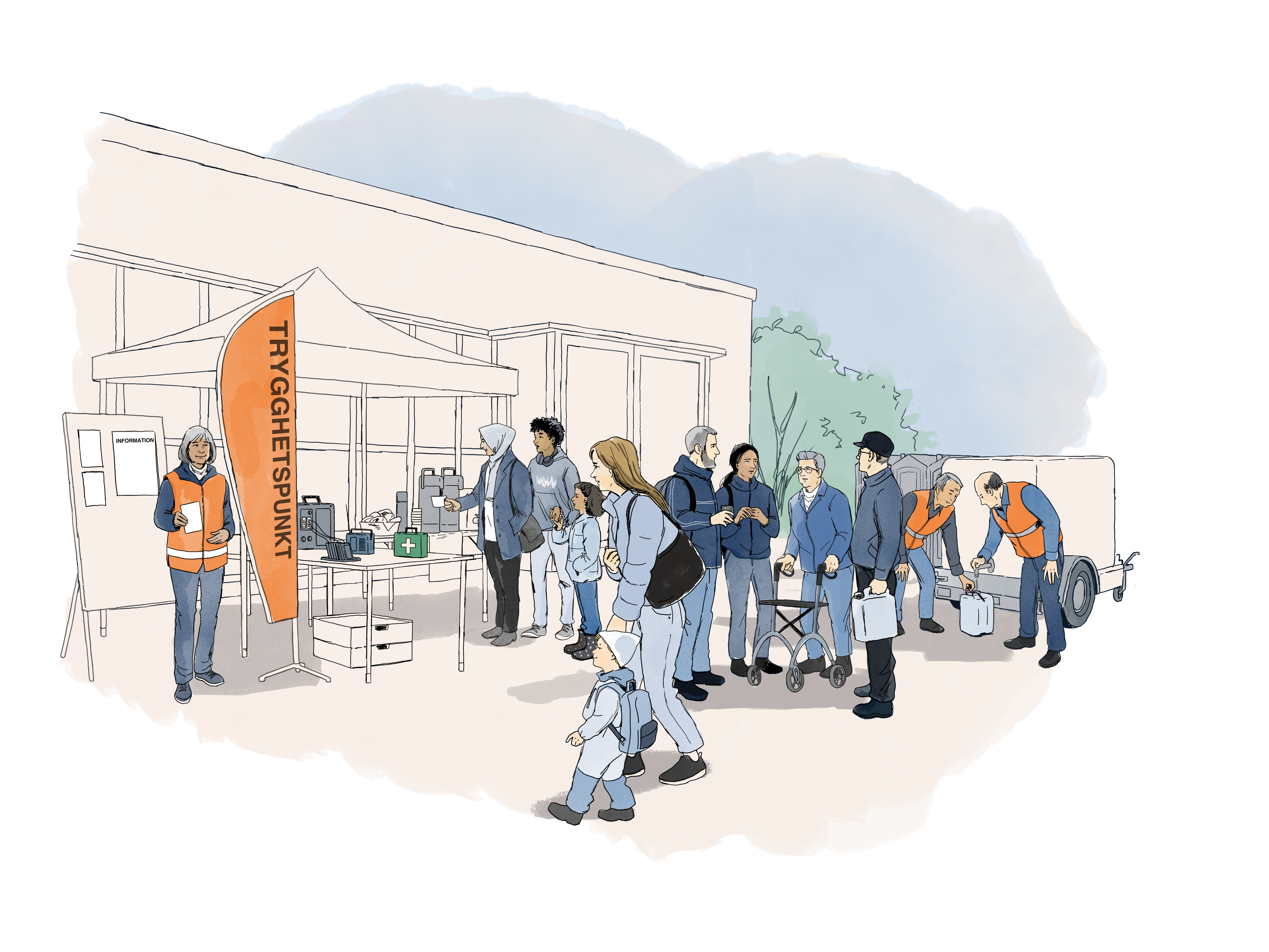 Illustration över människor som besöker en trygghetspunkt för information och hjälp.
