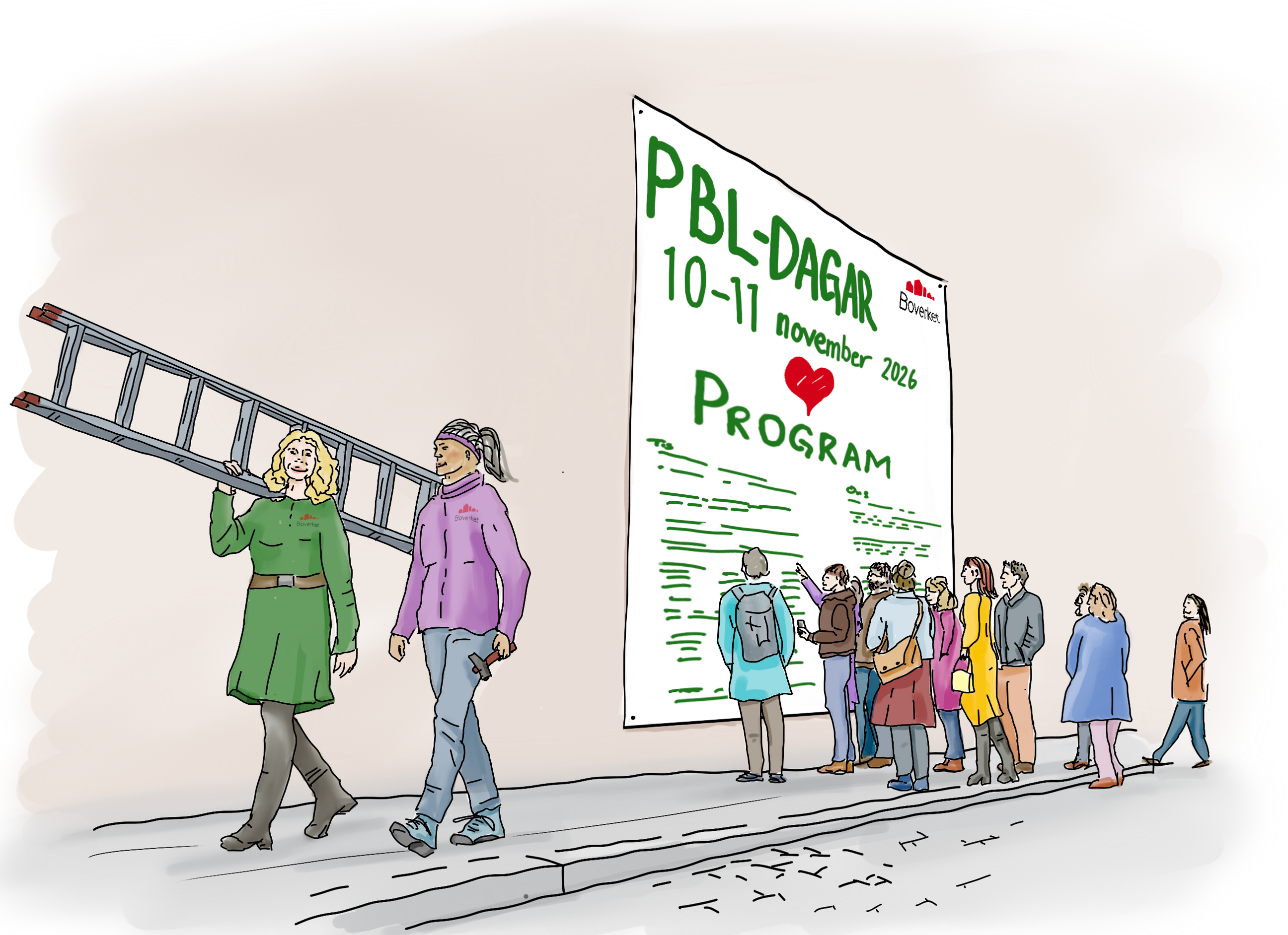 Illustration av en folkmassa som läser ett program uppsatt på en vägg.