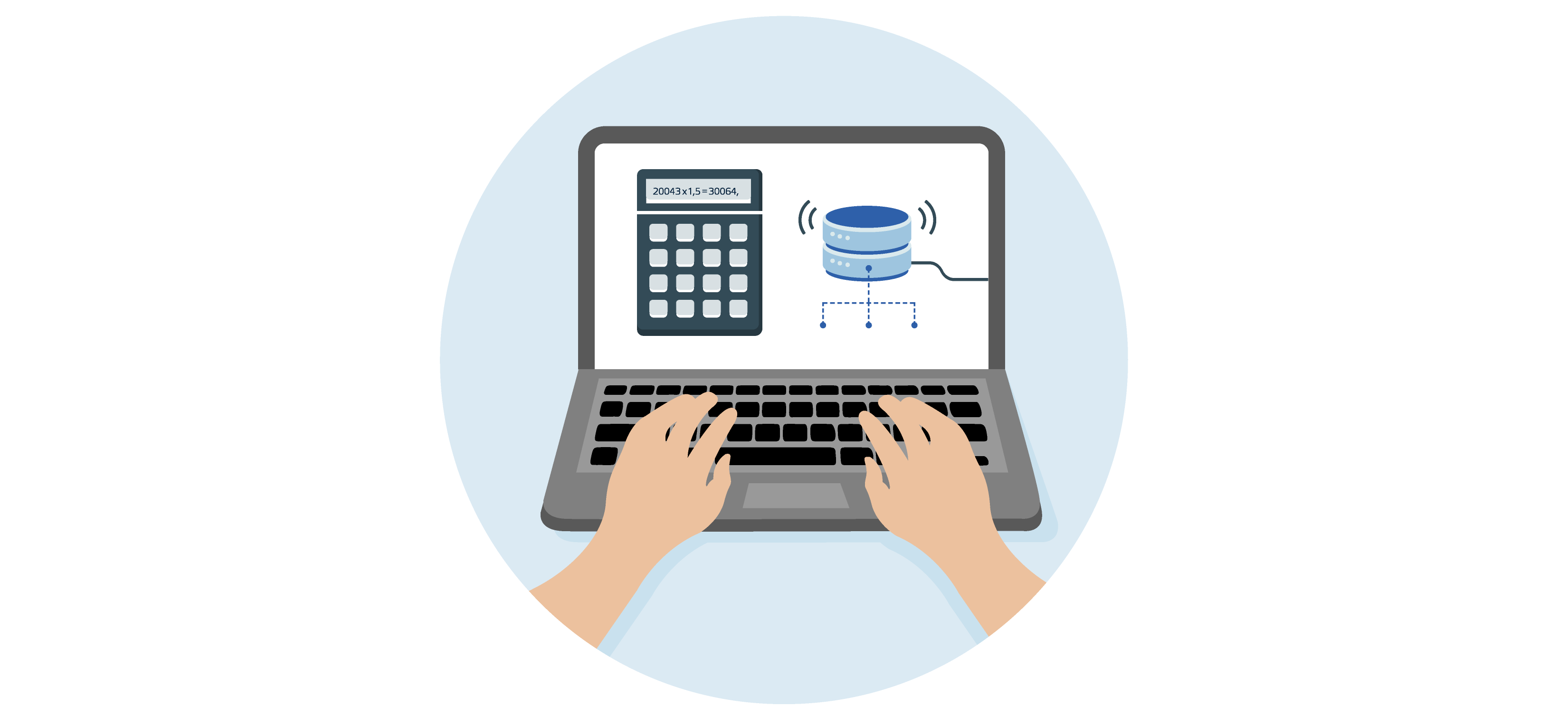 Händer skriver på  tangentbord skärmen visar miniräknare och databas.