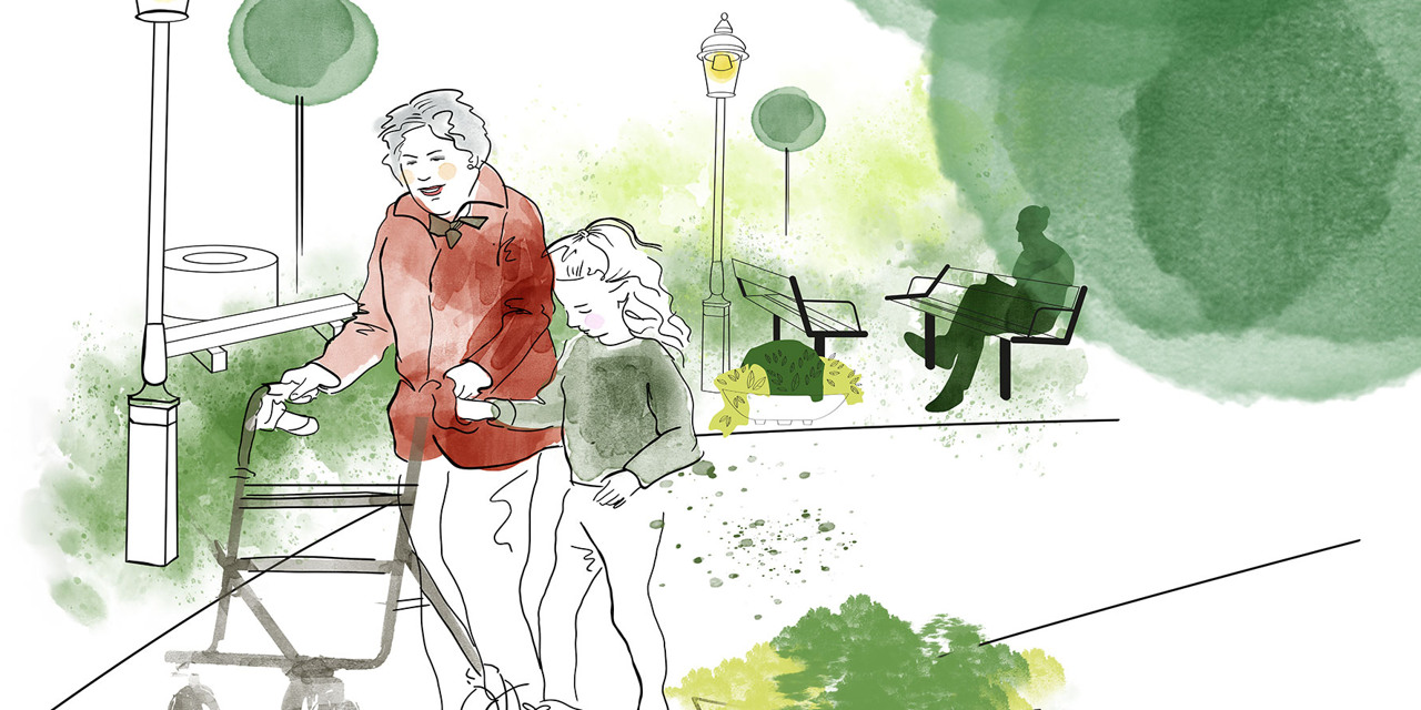 Ett barn och en person med rollator promenerar i en park.