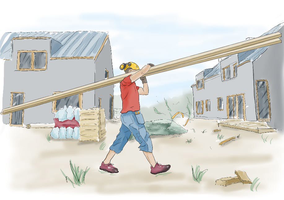 Illustration som visar en byggarbetare som bär virke.