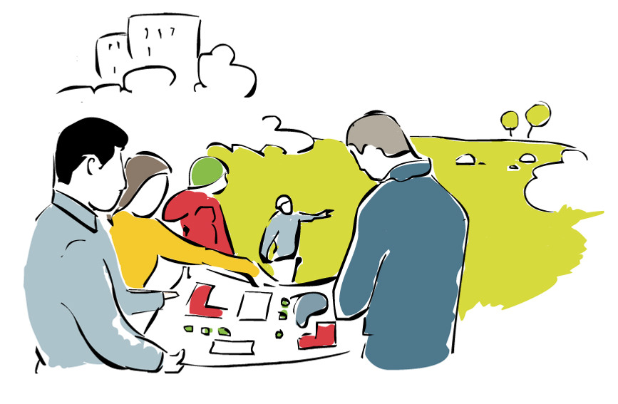 Illustration med figurer som tittar på en karta.