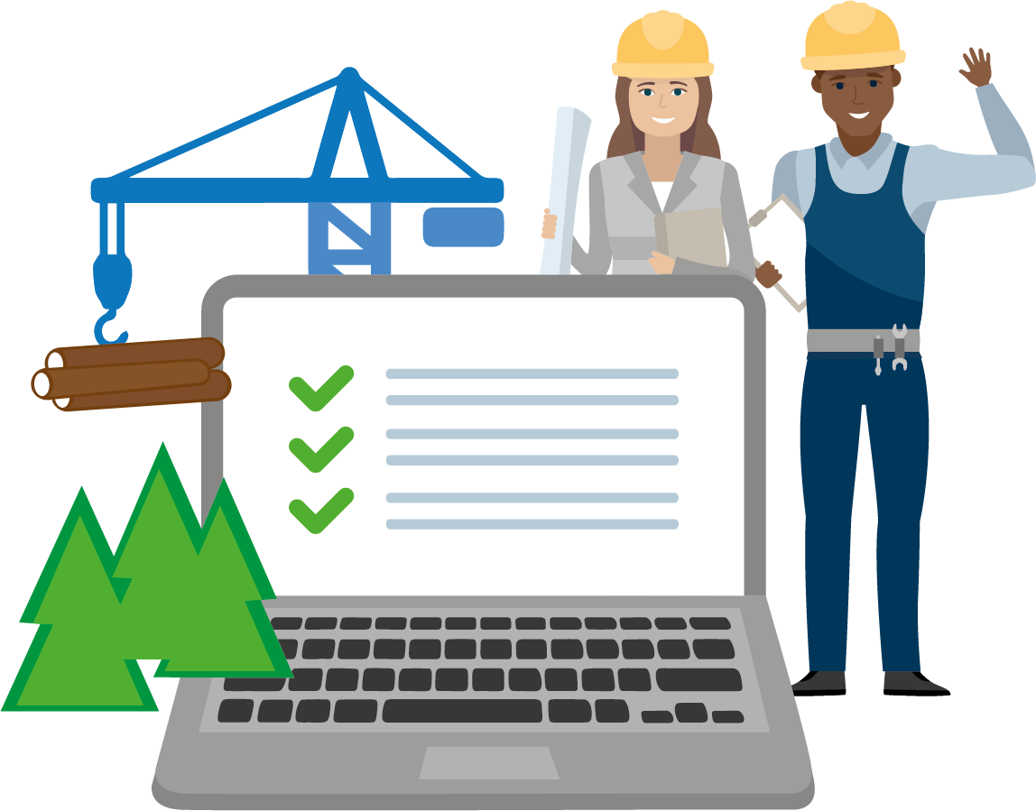 Dator med gröna bockar i skärmen, lyftkran och byggarbetare.