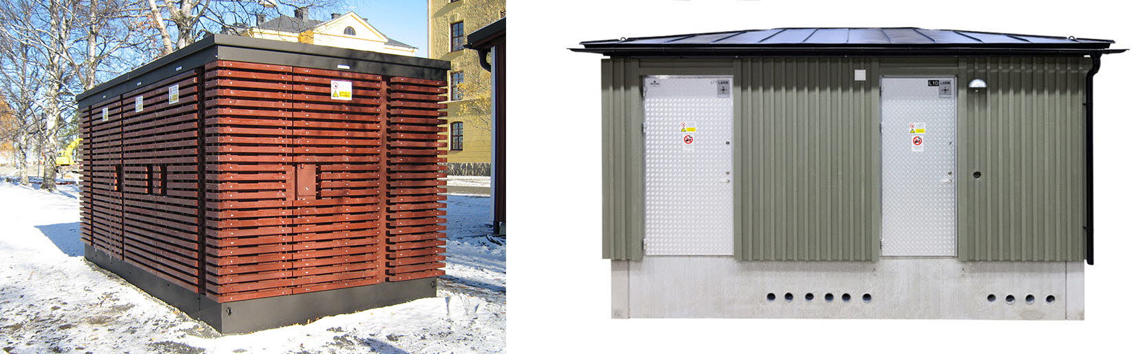 Två foton  den ena med platt tak, rundade knutar, den andra i mer klassisk stil med lutande valsat plåttak.