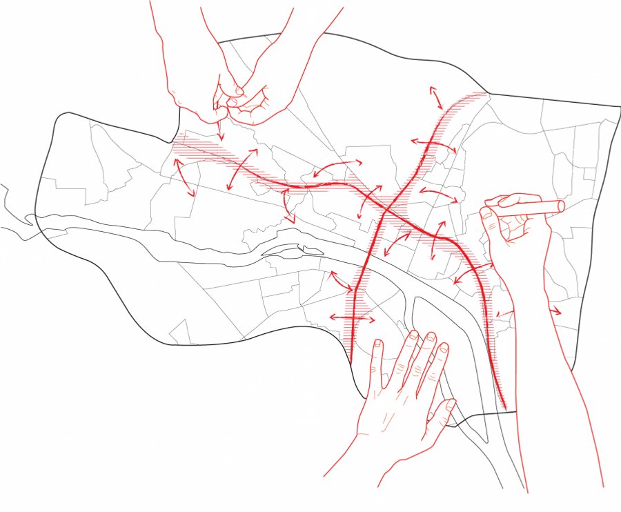 En skiss av händer med penna som skissar på ett område.