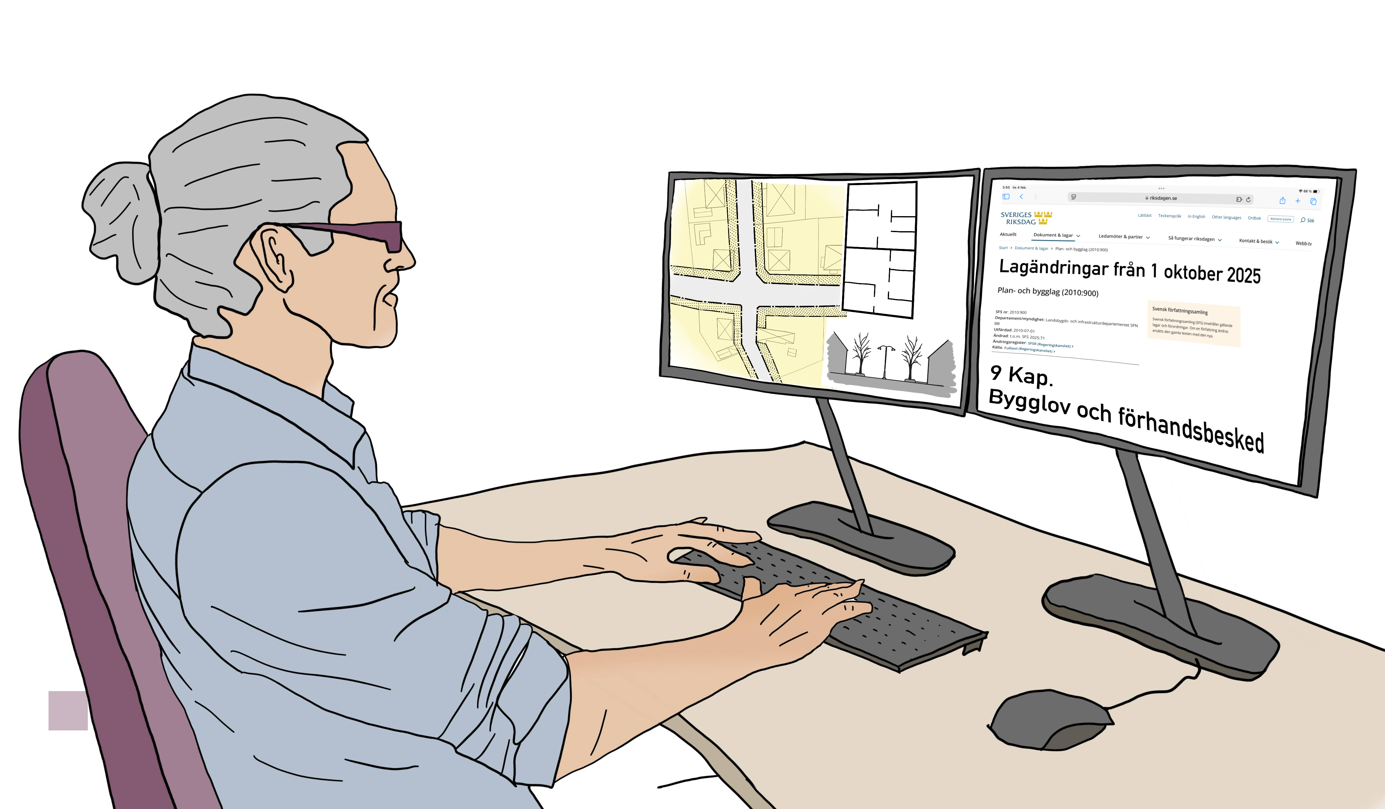 Illustration av en person som arbetar framför två datorskärmar. 