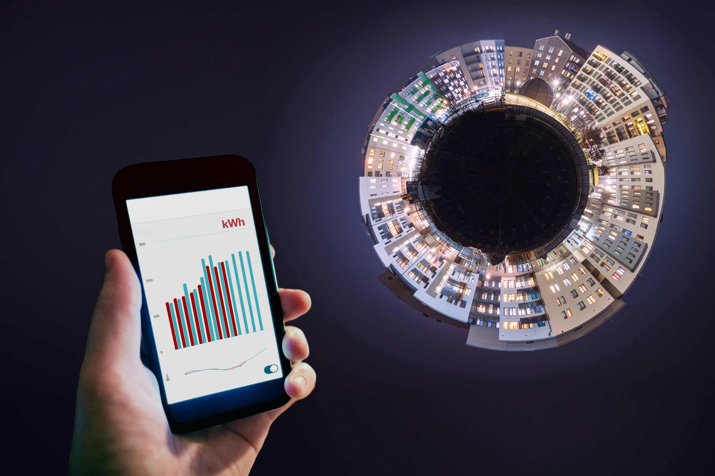 En hand med en energimätare samt flerbostadshus placerade i en cirkel