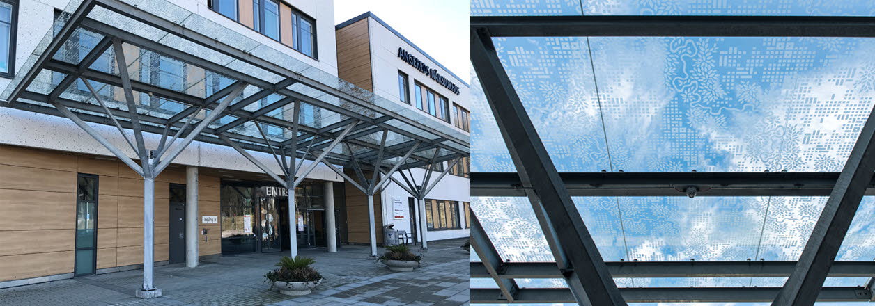 Bilden visar fasad och glastak Angereds Närsjukhus.