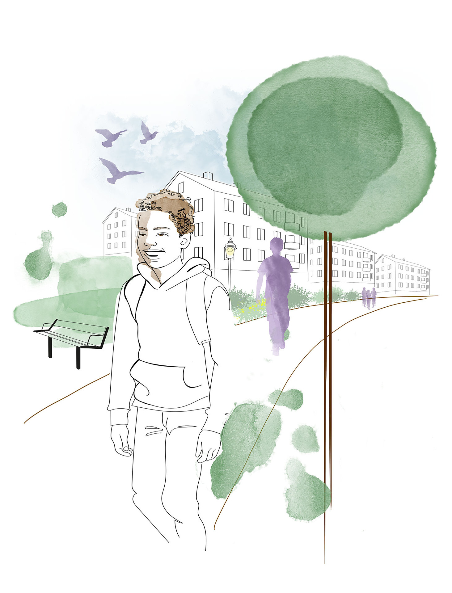 -	Alt-text, förslag: Illustration av en ung person med ryggsäck i en grön bostadsmiljö med flerbostadshus, gångväg, bänk, träd, gatubelysning och fåglar. Andra personer syns längre bort på vägen.