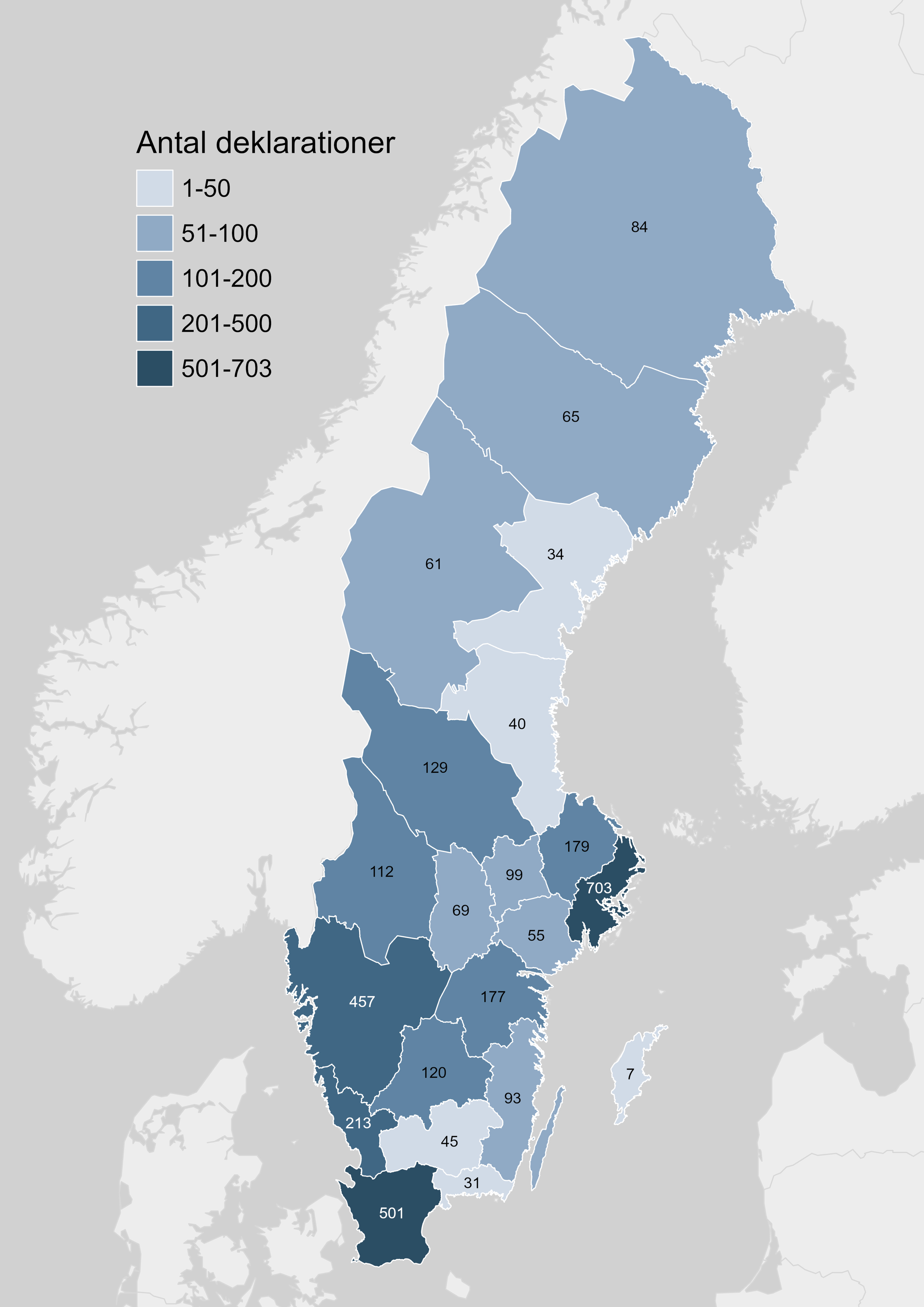 Karta med antal deklarationer angivet som färger. Antal deklarationer redovisas i tabell i faktaruta.