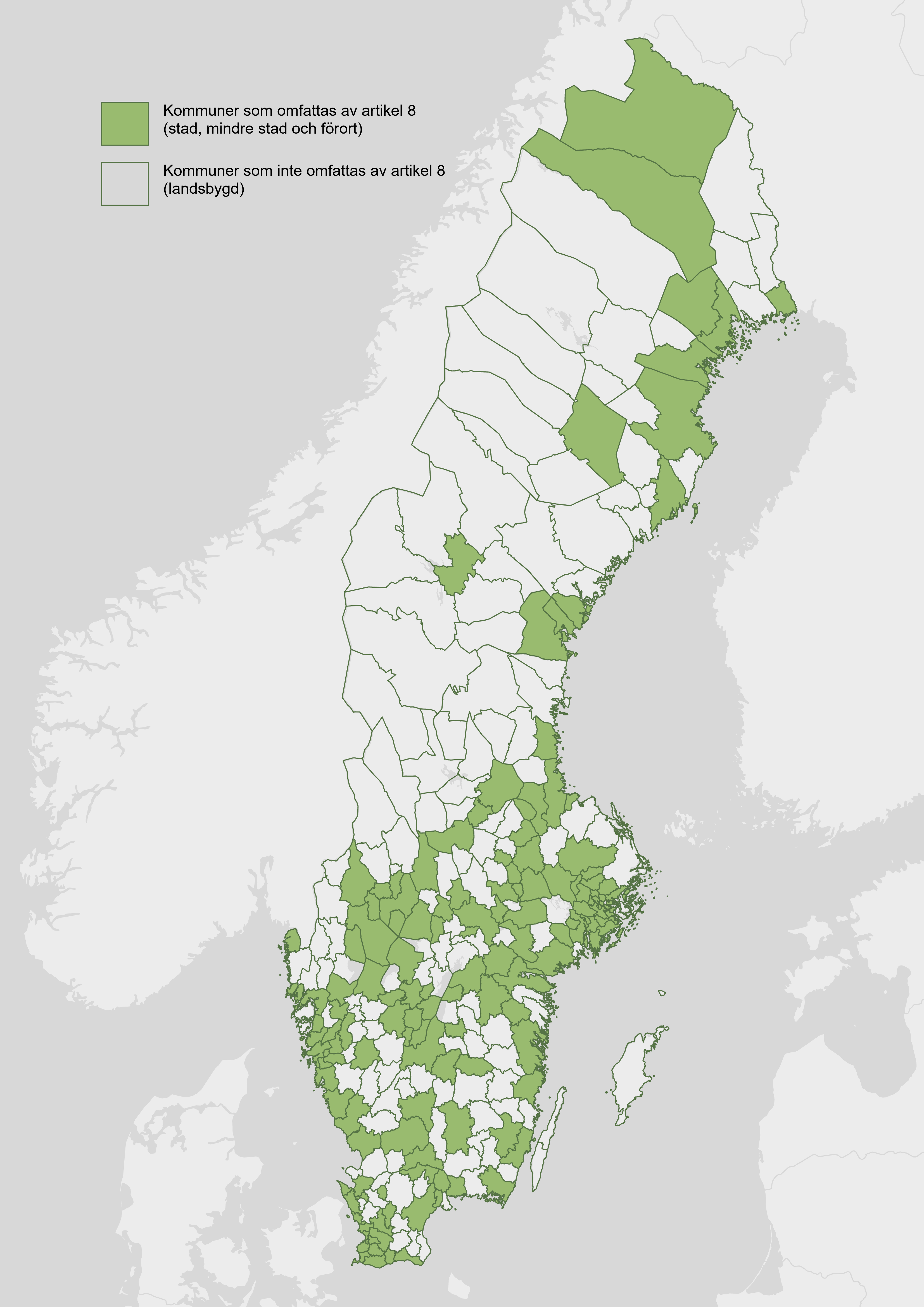 Karta som visar kommuner som klassas. Se lista i faktaruta.