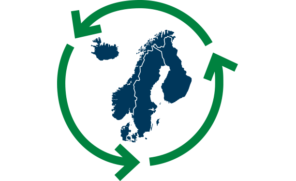 Illustration av en kartbild av Norden med en grön cirkel  av pilar.