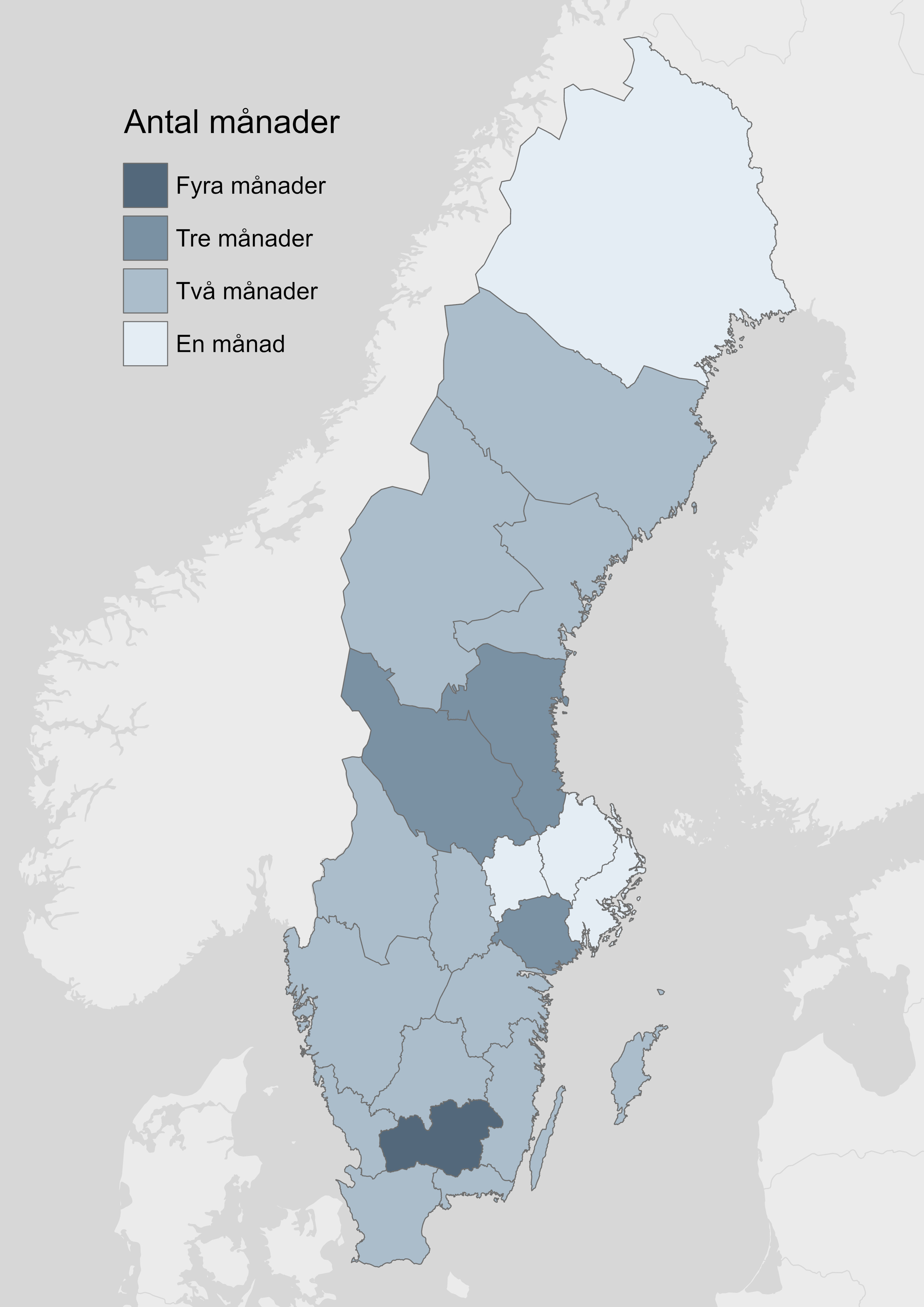 Karta som visar hur lång tid det tar att göra bostadsaffär länsvis. 1-4 månader.