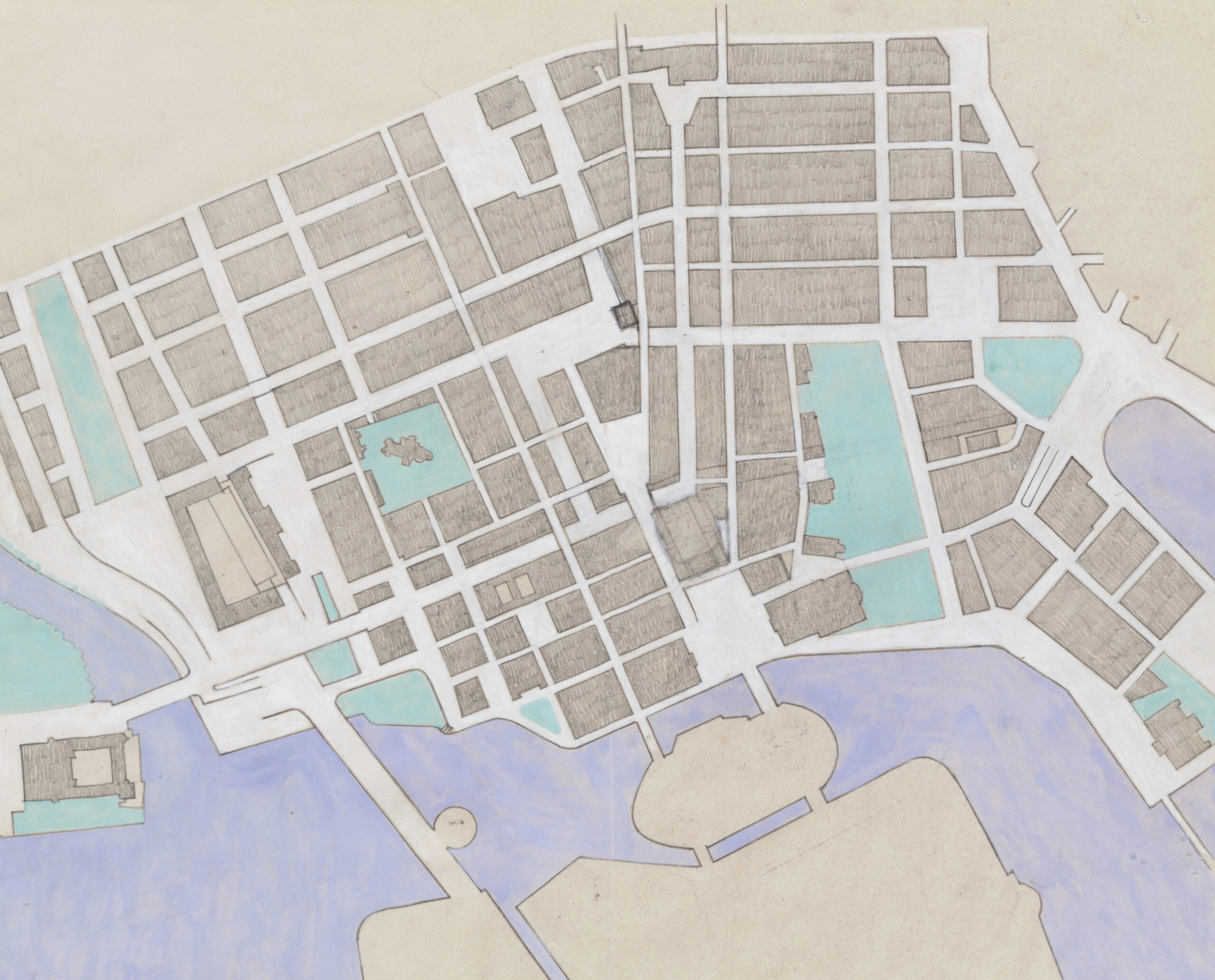Illustration över stadsdel färglagt med penna.