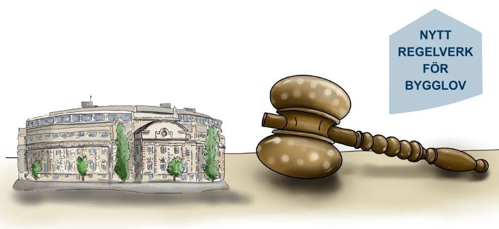 Ilustration av riksdagsbyggnaden, dommarklubba och texten "Nytt regelverk för bygglov".
