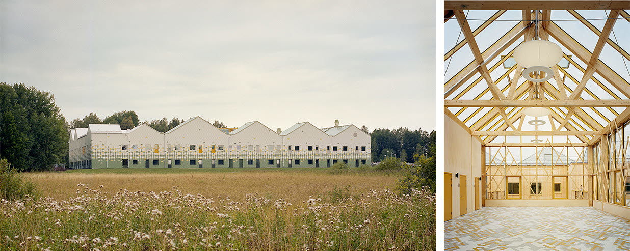 Två foton där som visar en vit fastighet bakom en äng och ett tomt rum inomhus med högt till tak och glastak.