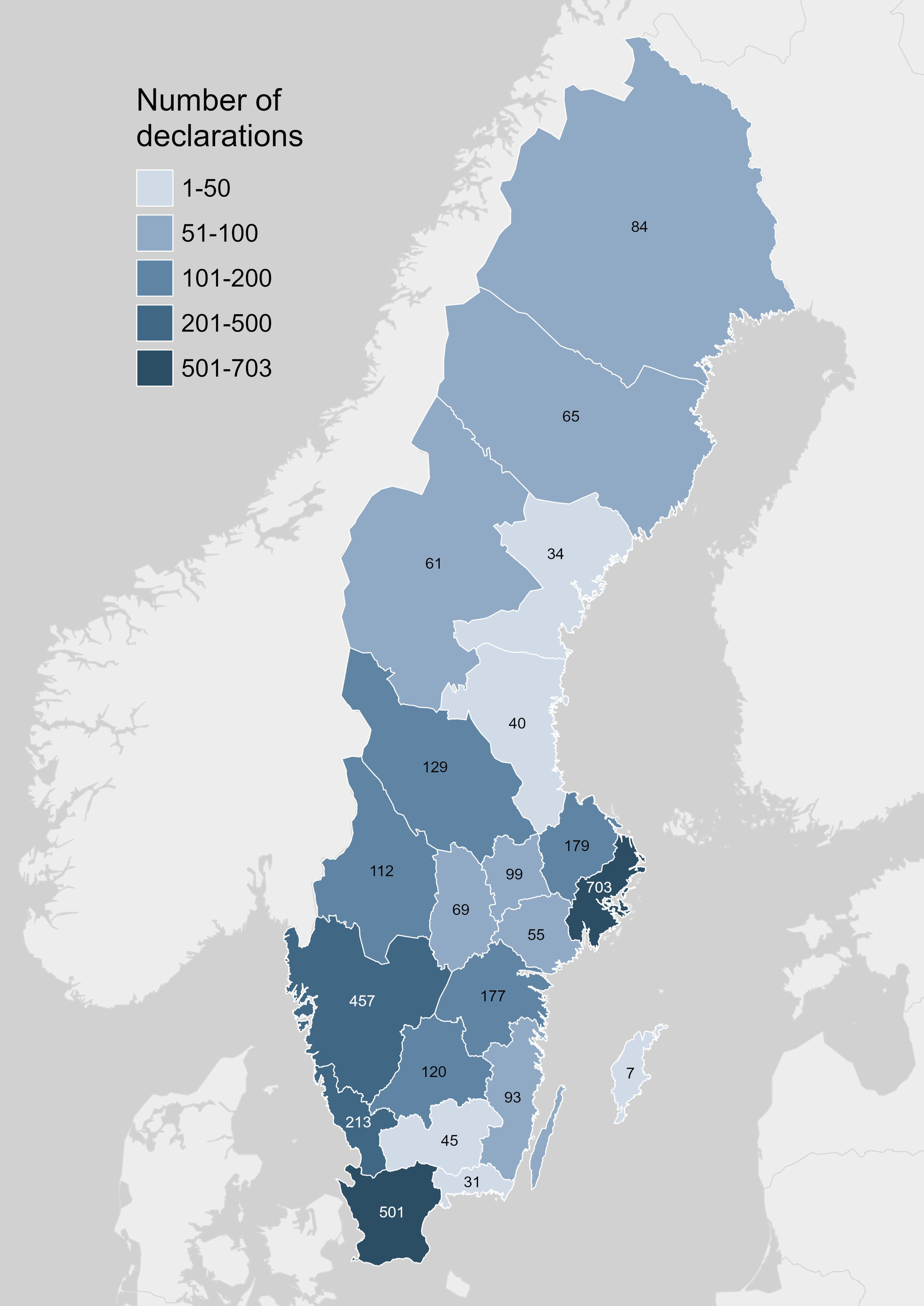 Map with coulors. See numbers in tabel in facts.