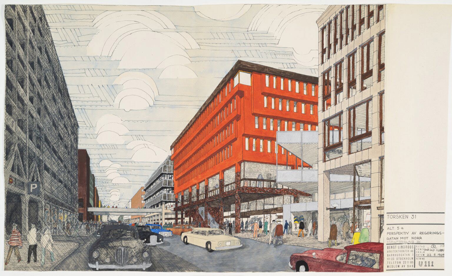 Illustration av passagenhuset, Stockholm. Bengt Lindroos. 1969. ArkDes samling med bilar och människor