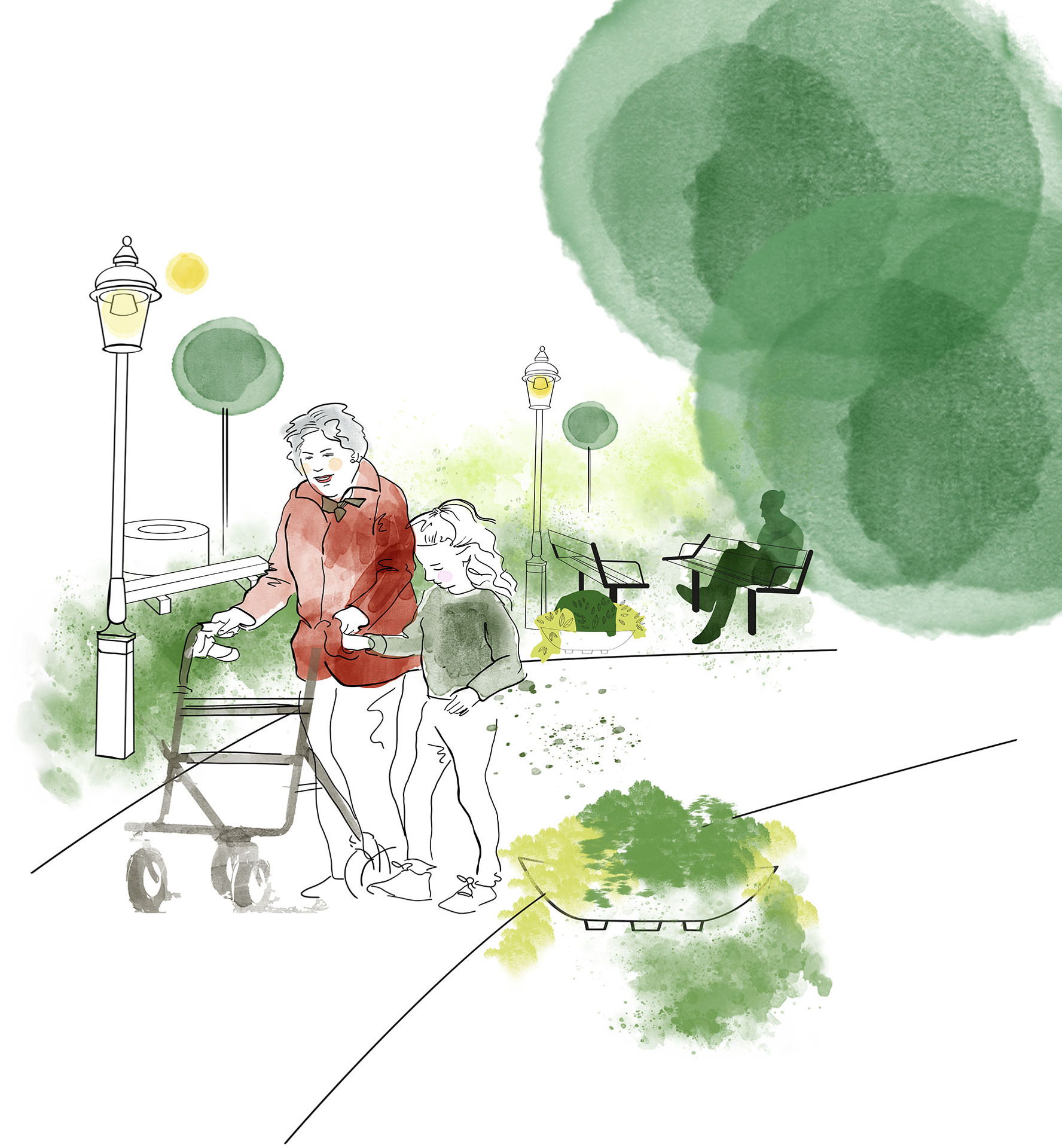 Illustration av en äldre dam med rullator och håller ett barn i handen.