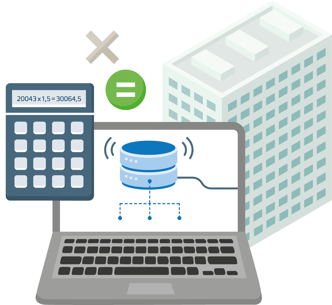 Laptop with database, calculator and a house to show the climate database.