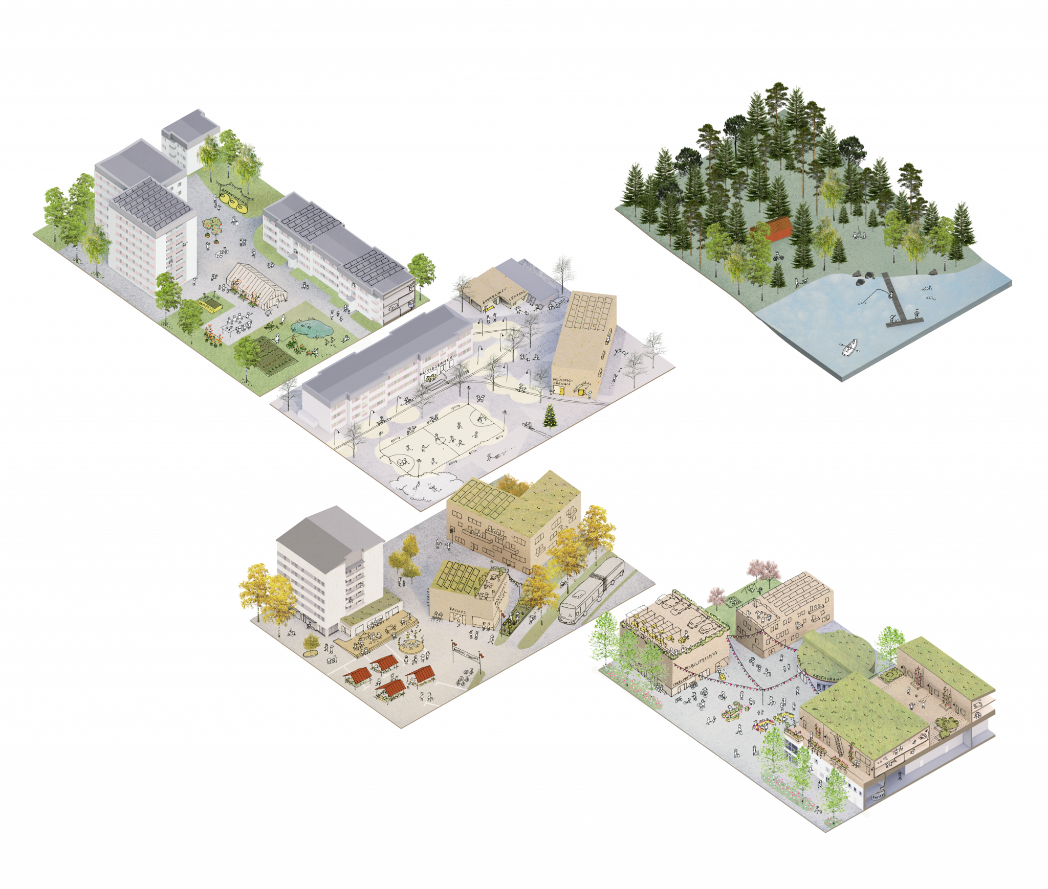 Skisser på olika typer av bostadsområden med platser för aktivitet