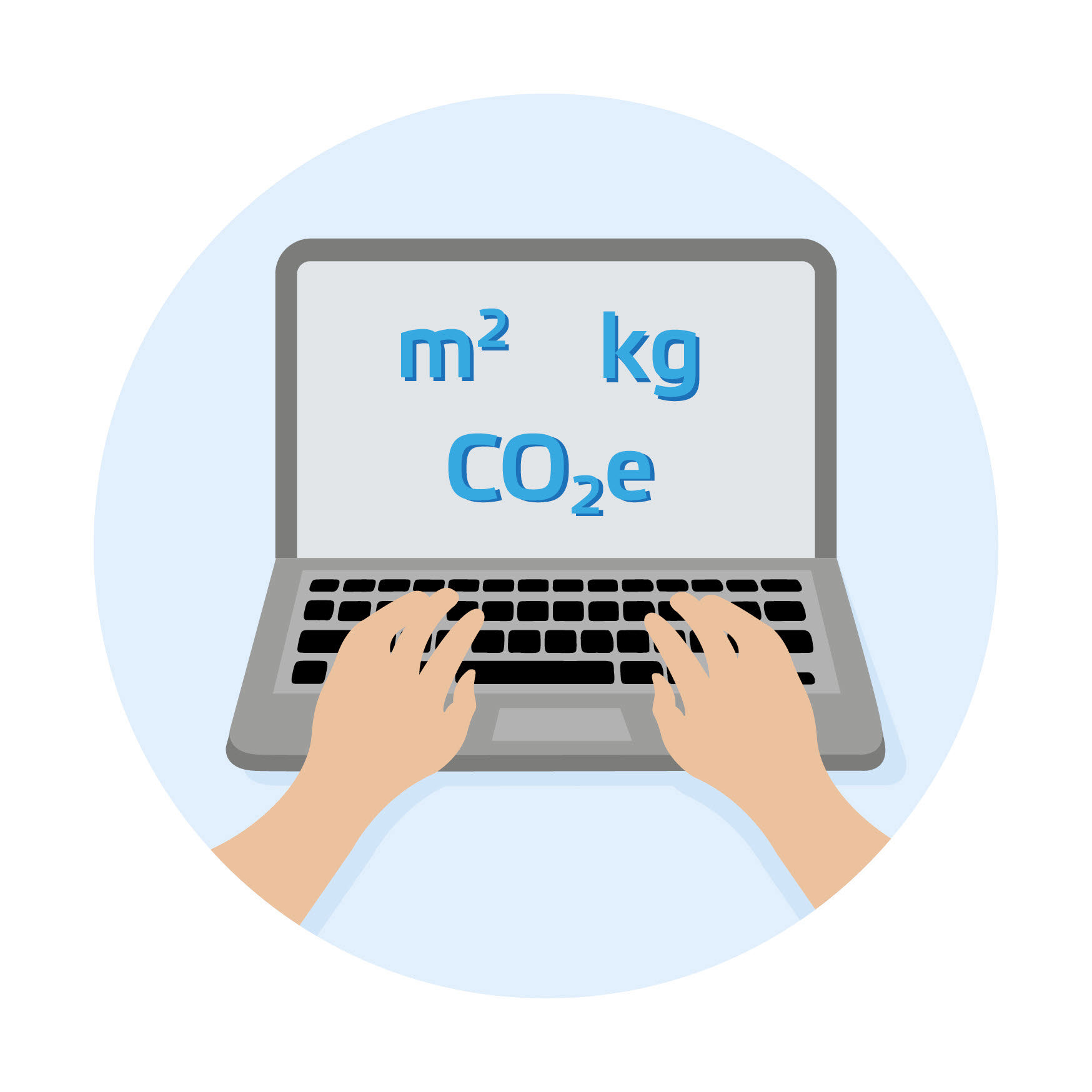 Illustration med dator med texten m2, kg och CO2e i skärmen.