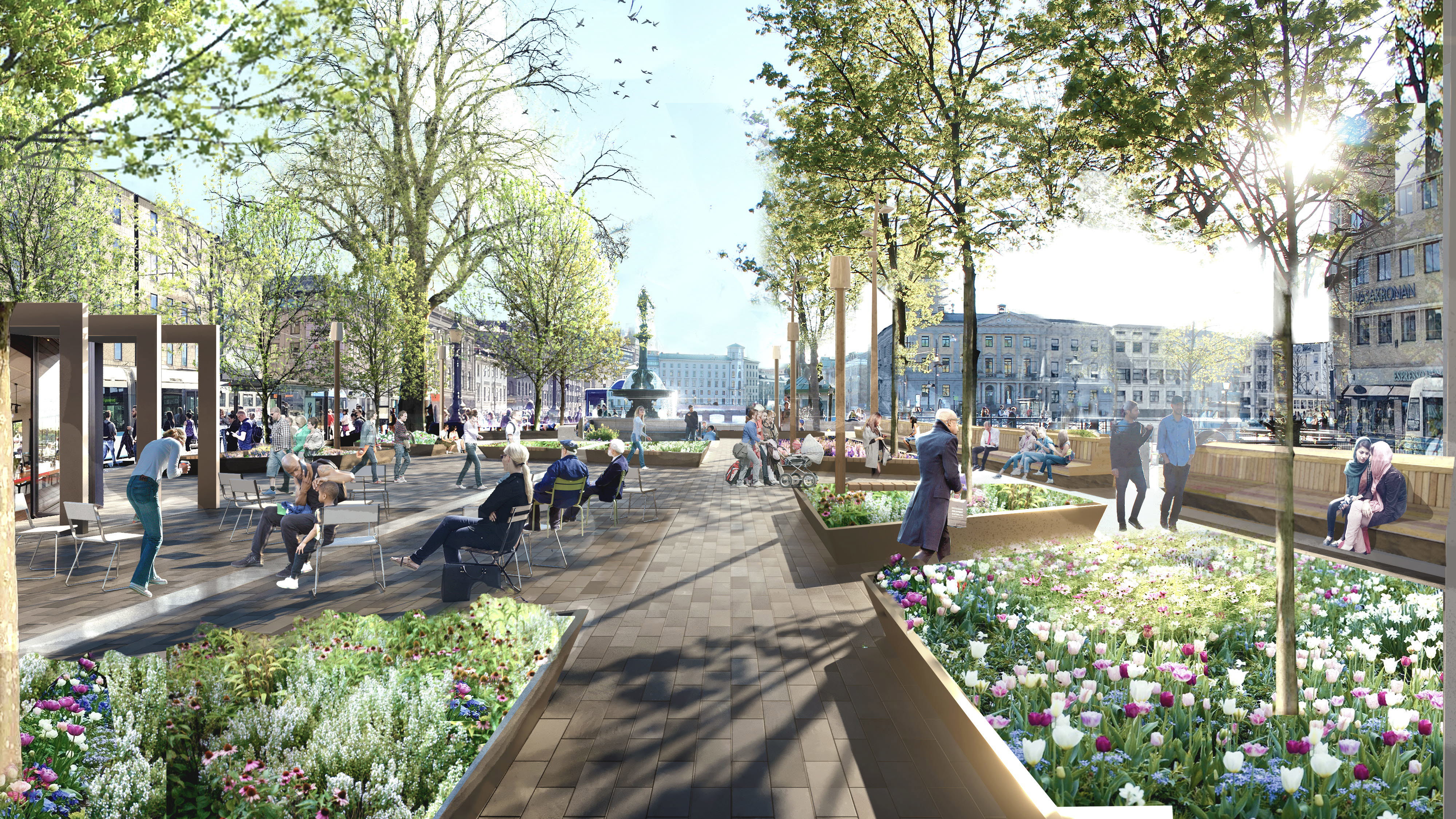 Fotomontaget visar en bild över framtida Brunnsparken i Göteborg. I montaget syns kvinnor och män i olika åldrar.