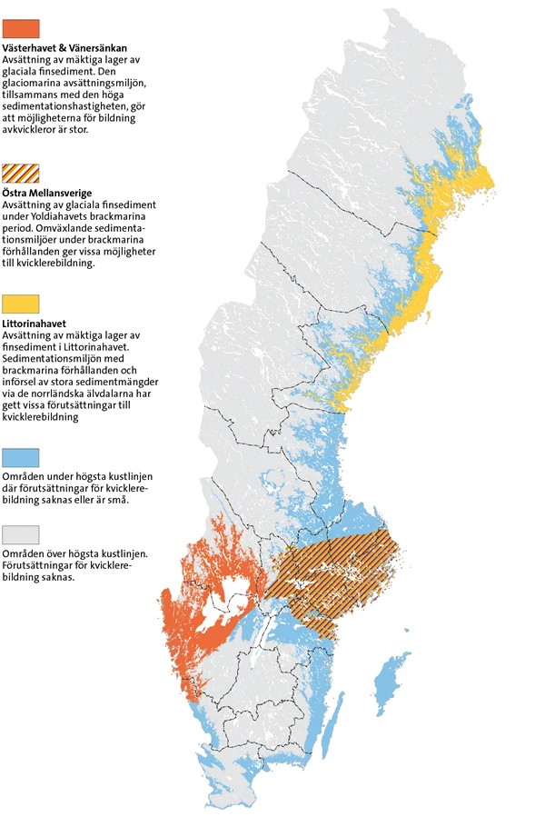 Sverigekarta med fyra regioner inlagda där det finns förutsättningar för kvicklera.