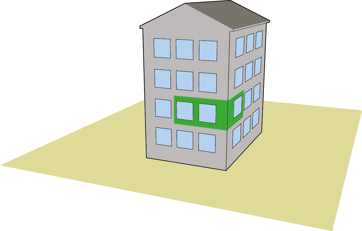 Ett flerfamiljshus där en lägenhet eller del av huset är markerad med grönt. 