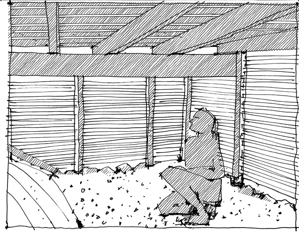 Illustration av en person som sitter på huk en altan med täta ribbor som vägg.
