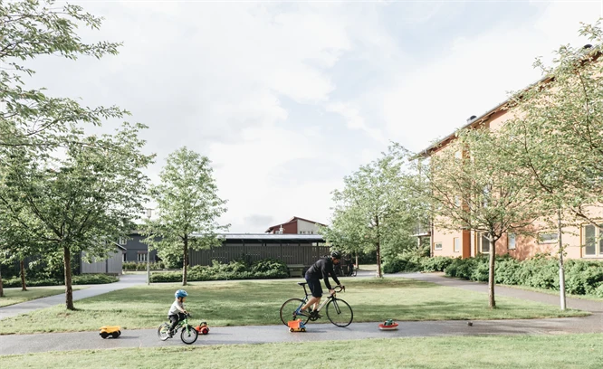 En pappa och ett barn cyklar slalom på en innergård.