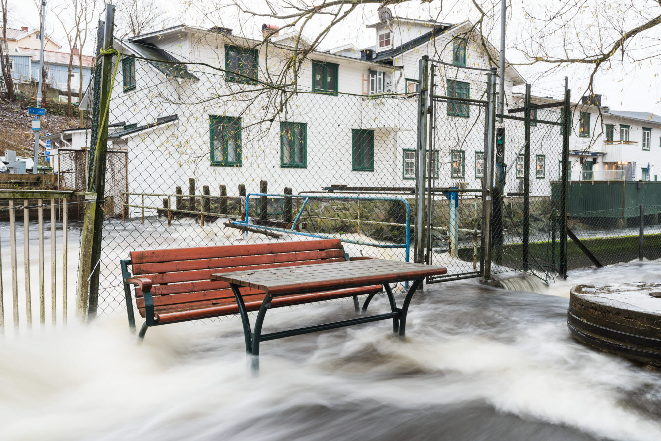 Regn som forsar vid utemiljö med bänk och bord.