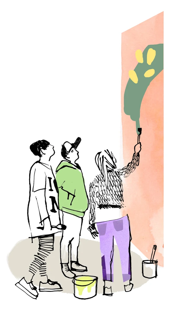 Illustration som visar ungdomar som målar på en vägg.