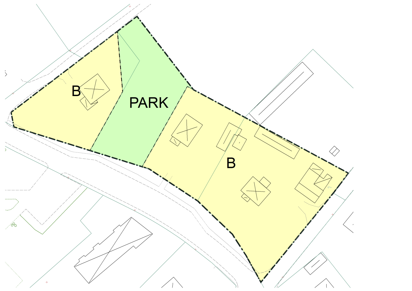 Illustration som visar en tomt som är mindre än fastigheten eftersom en del av fastigheten består av Allmän plats - PARK.