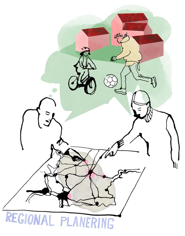 Illustration som visar regional planering där två personer tittar på en karta.