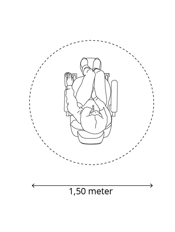 Illustration med person i rullstol uppifrån med en cirkel runt med måtten 1.5 m i diameter.