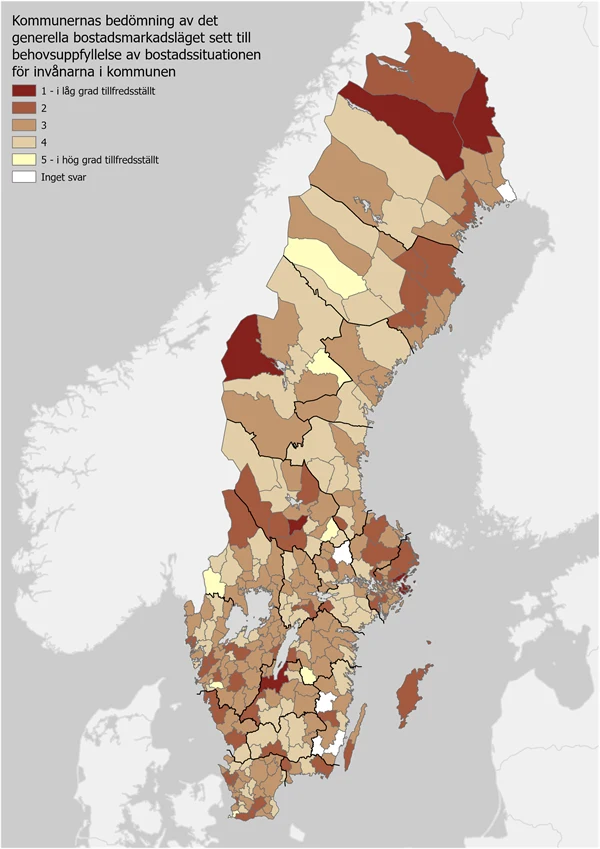 Sverigekarta med kommunernas bedömning av hur väl behovet av bostad är uppfyllt i kommunen.