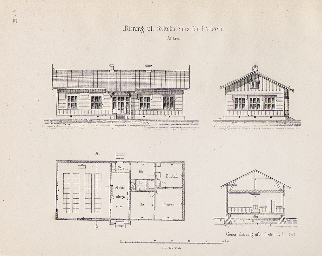 Ritning över folkskolebyggnad år 1865.