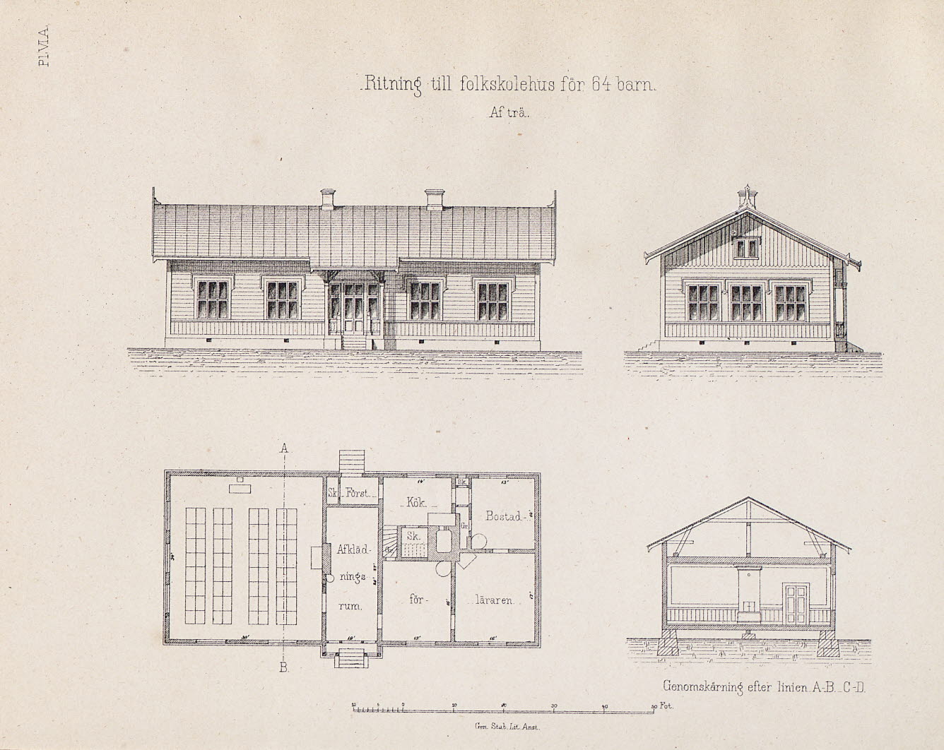 Ritning över folkskolebyggnad år 1865.