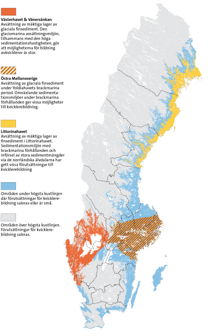 Sverigekarta med fyra regioner inlagda där det finns förutsättningar för kvicklera.