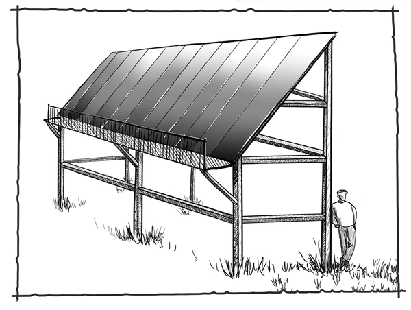 Lutande solenergianläggning på stativ. Skalfiguren visar att en människa får plats under anläggningen.