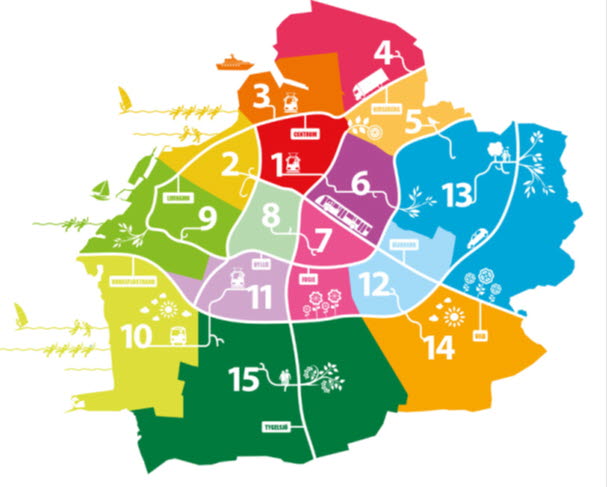 Diagram över Malmö uppdelat i 15 st delområden, så kallade TROMP-områden. Illustration: Malmö stad