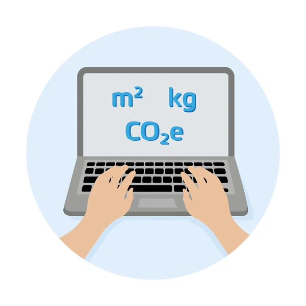 Illustration med dator med texten m2, kg och CO2e i skärmen.